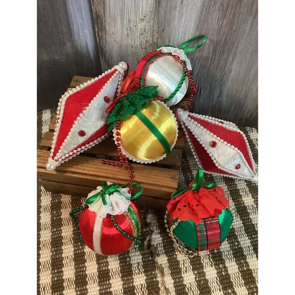 Satin & Lace Handmade Ball Christmas Tree Ornaments & Felt Diamond Shaped Decor